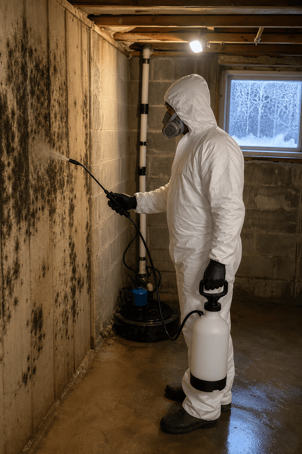 Certified mold removal contractor treating black mold in a Saskatoon basement